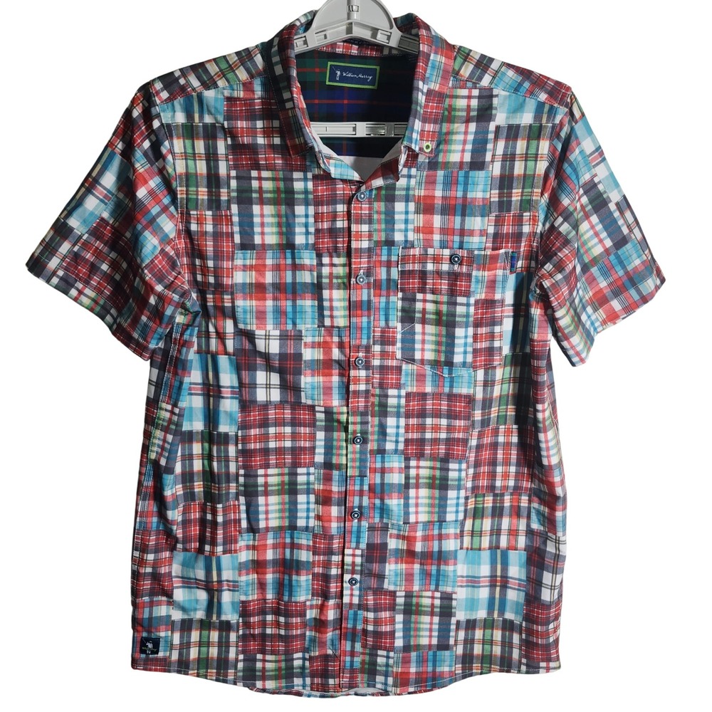 William Murray Men's Patchwork Plaid Golf Short Sleeve‎ Button Down Shirt Small